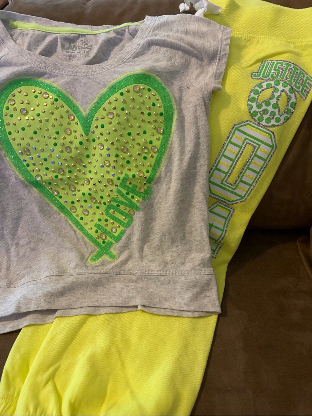 Justice Gray Tee with Neon Green Heart and Neon Yellow Leggings
